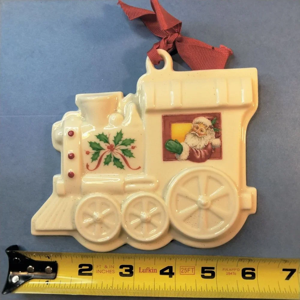Holiday Train Cookie Press Santa Clause White Ceramic Christmas Ornament
